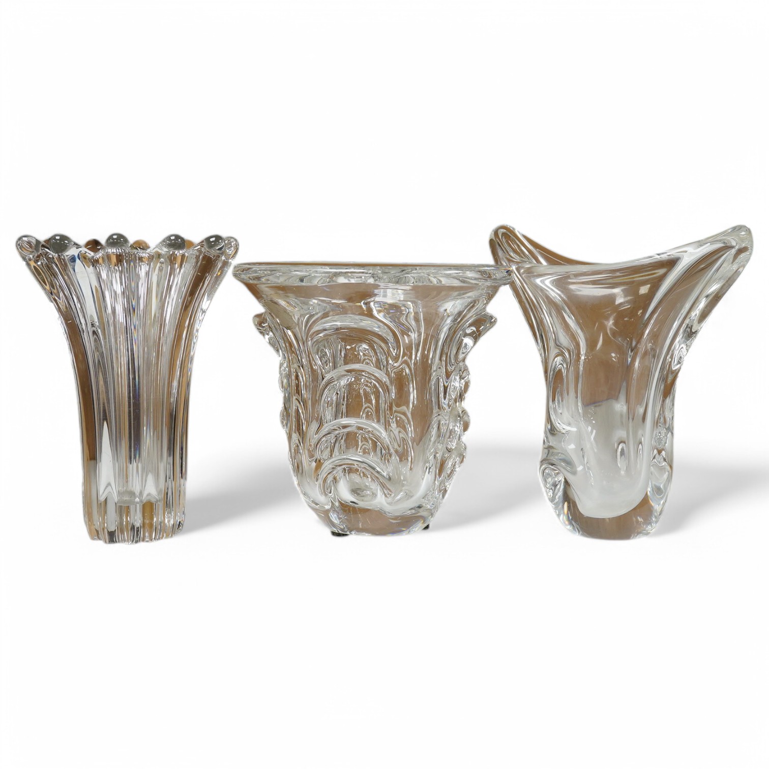 Three French mid 20th century glass vases, one signed Val St Laurent, tallest 20cm. Condition - good